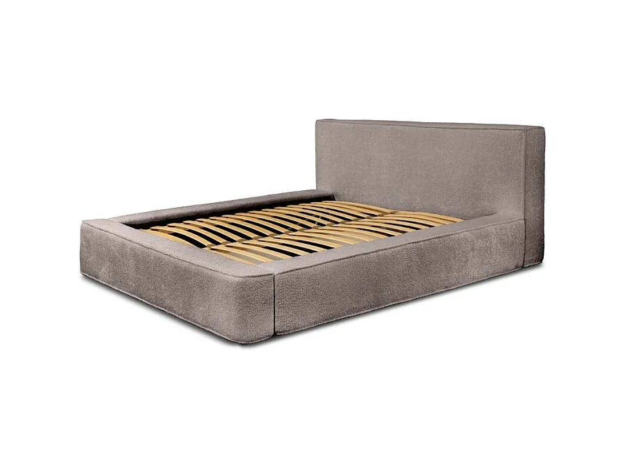 Lit coffre DENALI – Taupe rosé bouclé – 180x200 cm – Tecido de veludo macio – Estrado elevatório – Armazenamento integrado