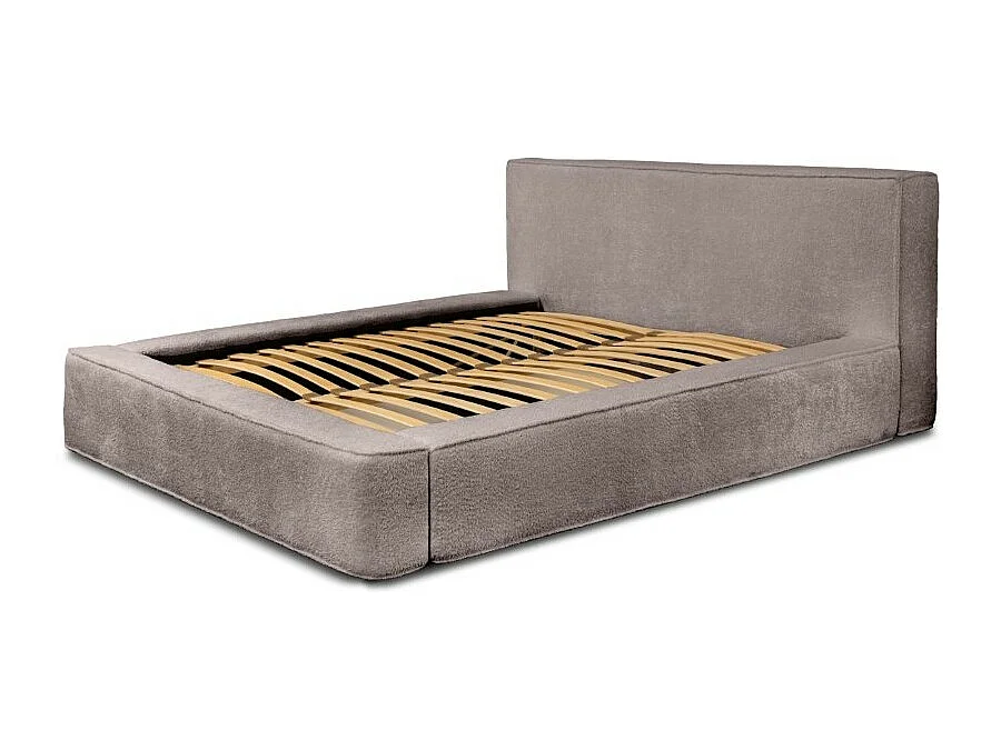 Lit coffre DENALI – Taupe rosé bouclé – 180x200 cm – Tecido de veludo macio – Estrado elevatório – Armazenamento integrado