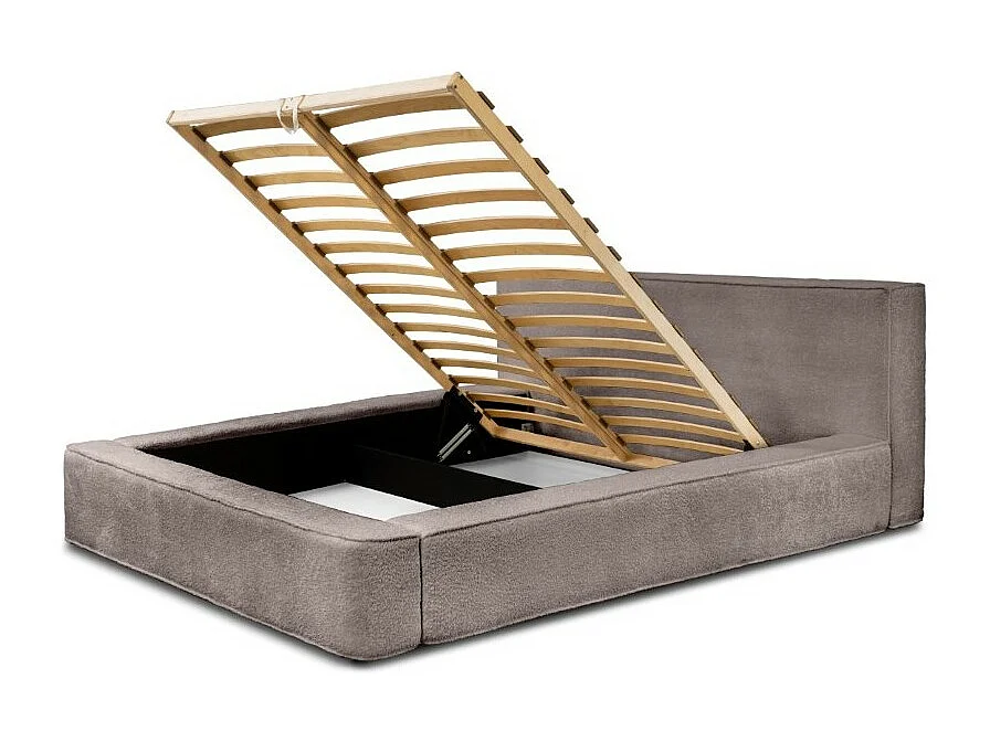Lit coffre DENALI – Taupe rosé bouclé – 180x200 cm – Tecido de veludo macio – Estrado elevatório – Armazenamento integrado
