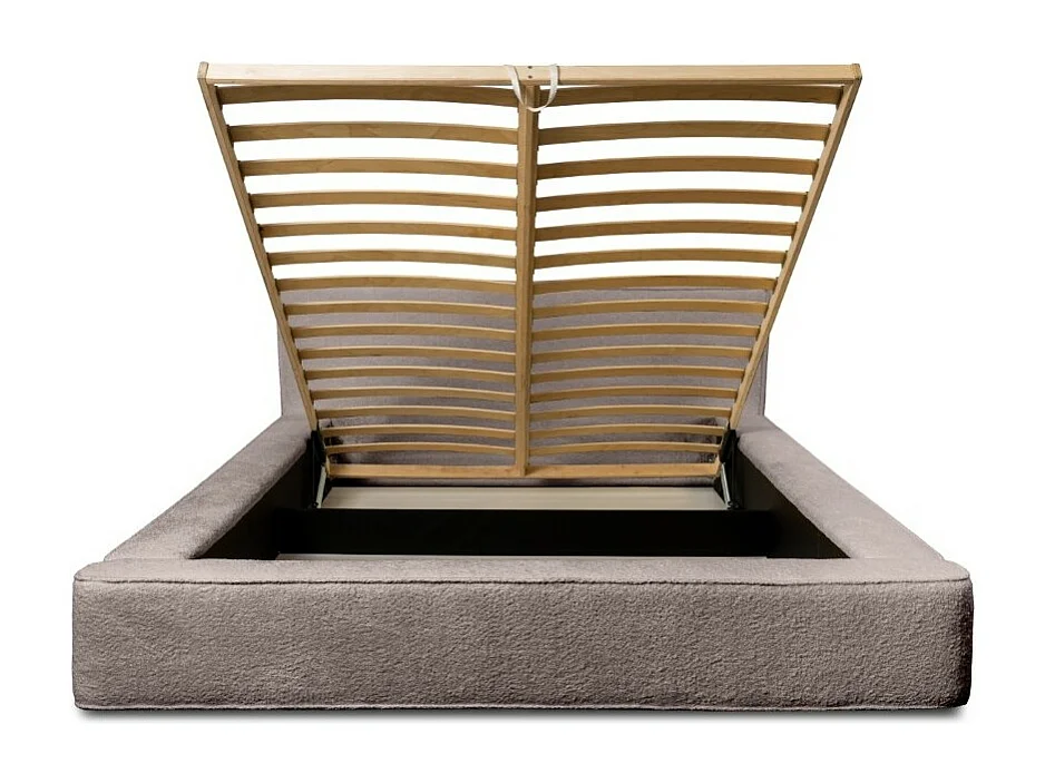 Lit coffre DENALI – Taupe rosé bouclé – 180x200 cm – Tecido de veludo macio – Estrado elevatório – Armazenamento integrado