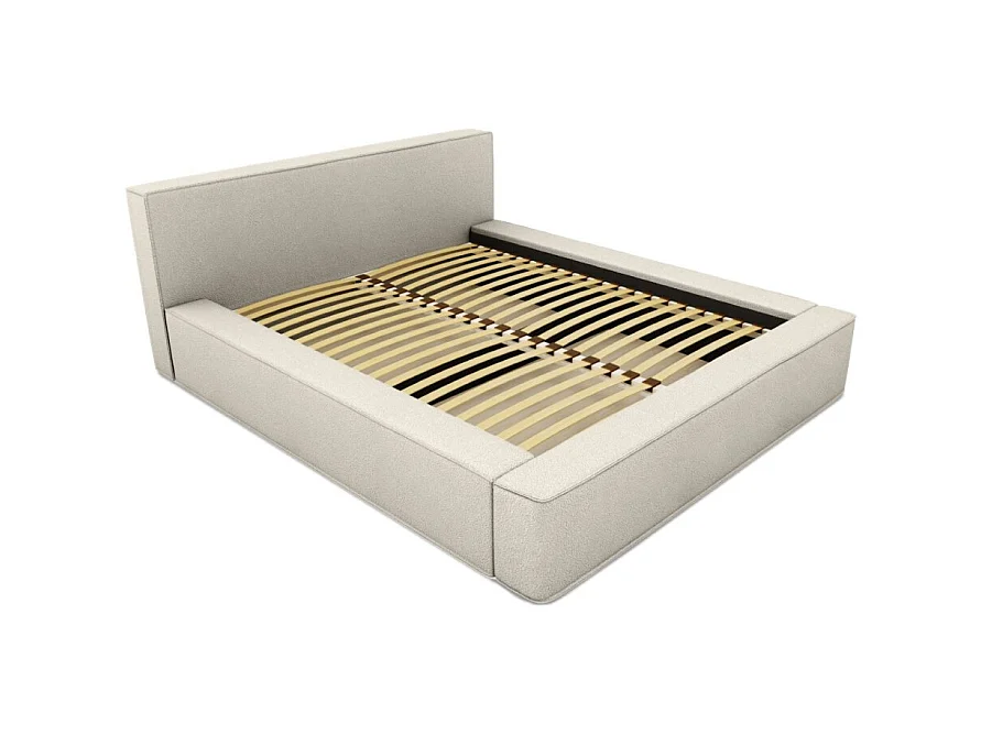 Cama baú DENALI – Areia cacheada – 180x200 cm – Tecido efeito lã – Estrado elevatório – Armazenamento integrado