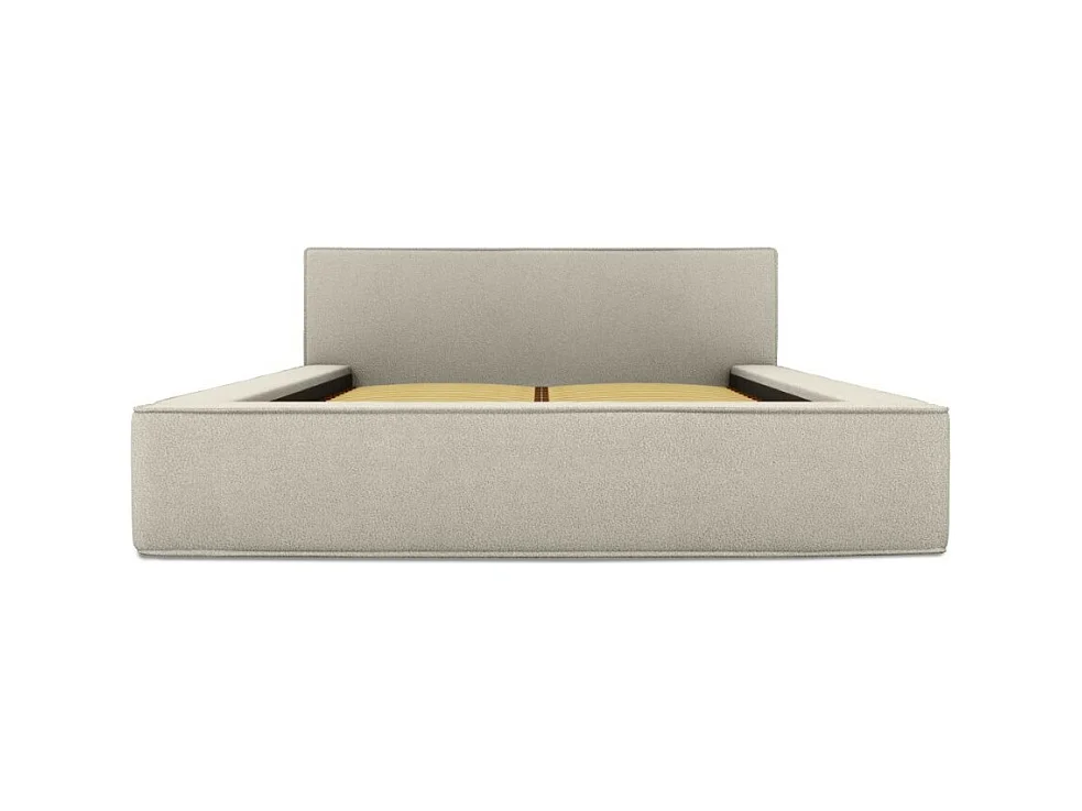 Cama baú DENALI – Areia cacheada – 180x200 cm – Tecido efeito lã – Estrado elevatório – Armazenamento integrado