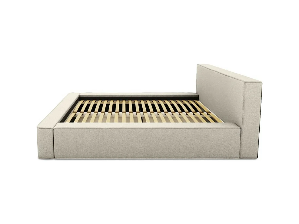 Cama baú DENALI – Areia cacheada – 180x200 cm – Tecido efeito lã – Estrado elevatório – Armazenamento integrado