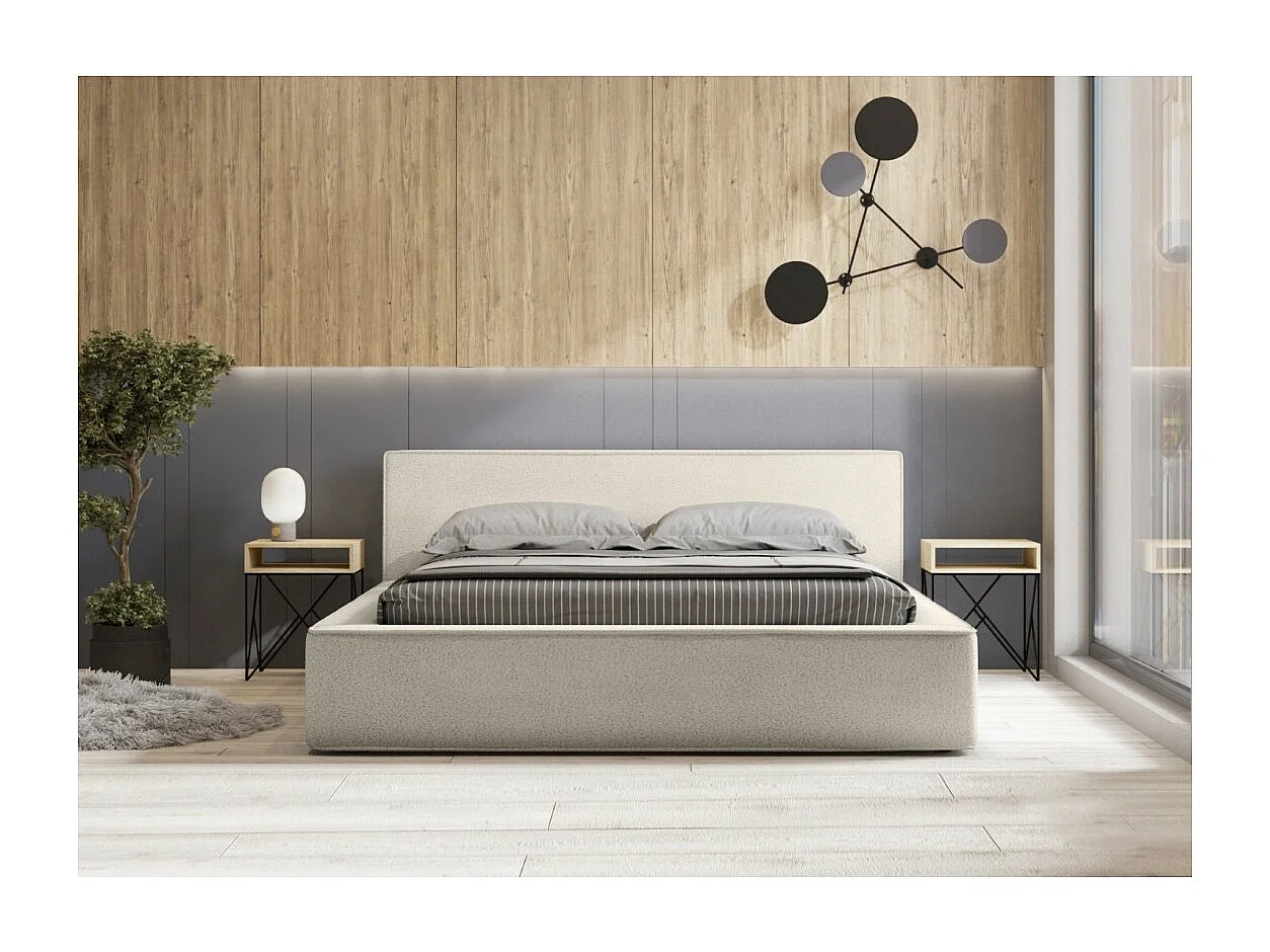 Cama baú DENALI – Areia cacheada – 180x200 cm – Tecido efeito lã – Estrado elevatório – Armazenamento integrado