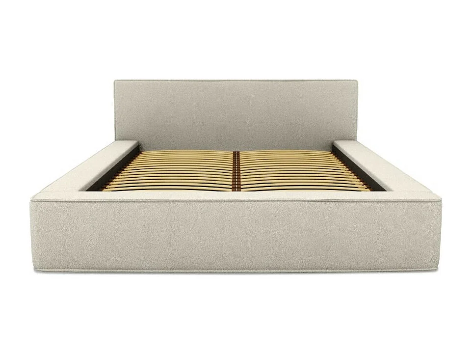 Cama baú DENALI – Areia cacheada – 180x200 cm – Tecido efeito lã – Estrado elevatório – Armazenamento integrado
