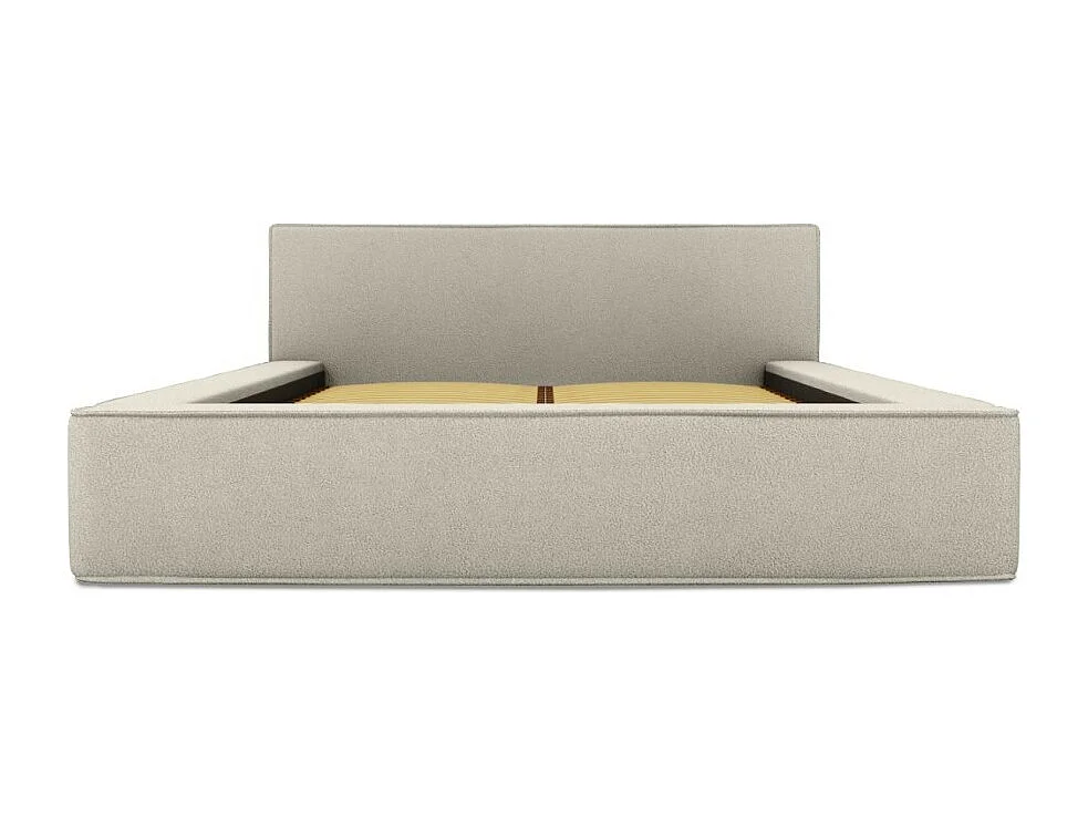 Cama baú DENALI – Areia cacheada – 180x200 cm – Tecido efeito lã – Estrado elevatório – Armazenamento integrado