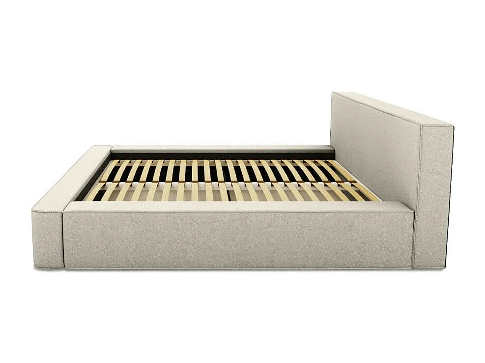 Cama baú DENALI – Areia cacheada – 180x200 cm – Tecido efeito lã – Estrado elevatório – Armazenamento integrado