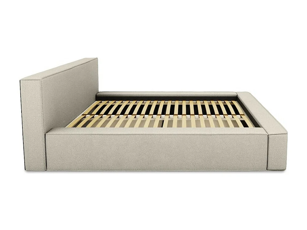 Cama baú DENALI – Areia cacheada – 180x200 cm – Tecido efeito lã – Estrado elevatório – Armazenamento integrado