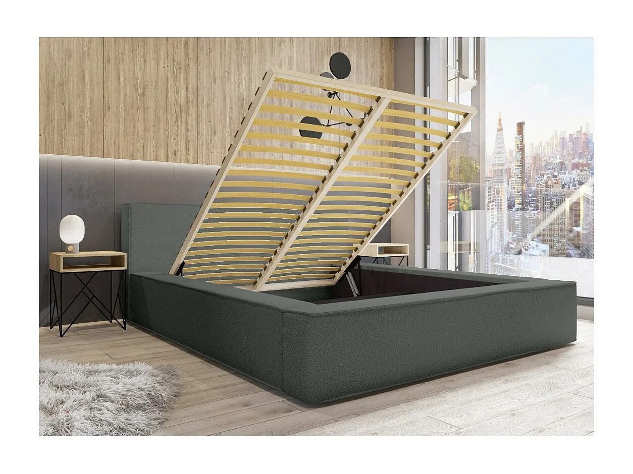 Cama con canapé DENALI – Pizarra rizado – 140x200 cm – Tela de terciopelo suave – Somier elevable – Almacenamiento integrado