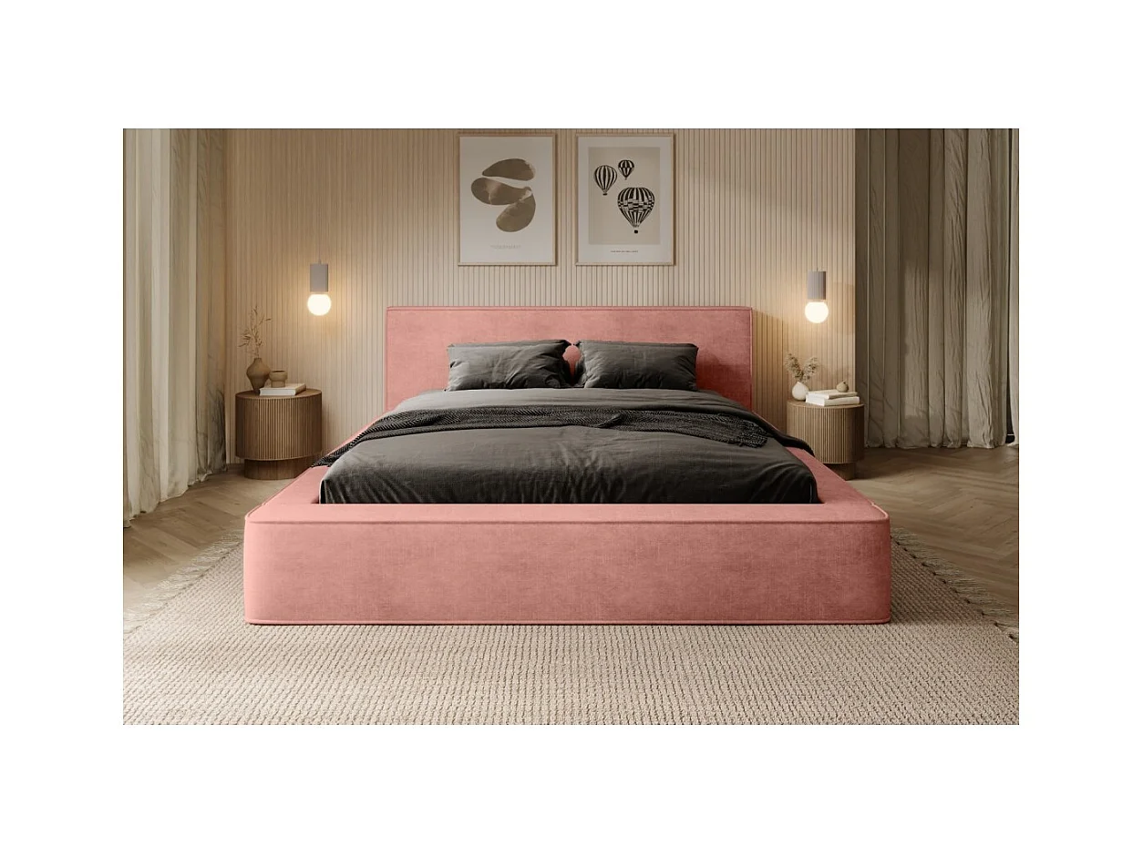 Cama con arcón DENALI – Coral – 140x200 cm – Tela de terciopelo suave – Somier elevable – Almacenamiento integrado