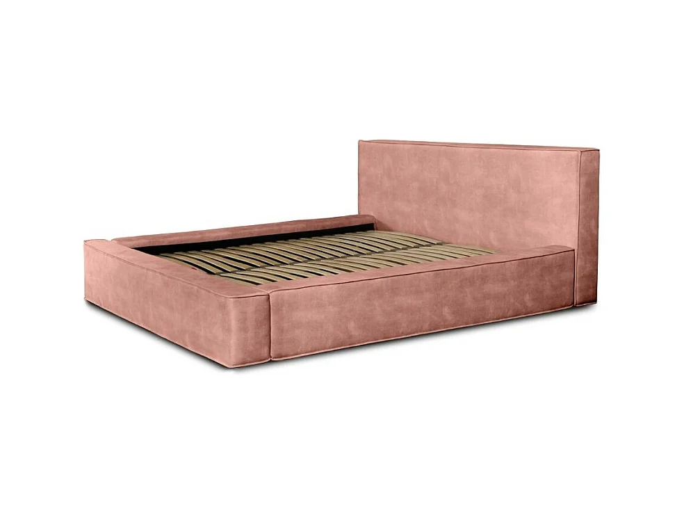 Cama con arcón DENALI – Coral – 140x200 cm – Tela de terciopelo suave – Somier elevable – Almacenamiento integrado