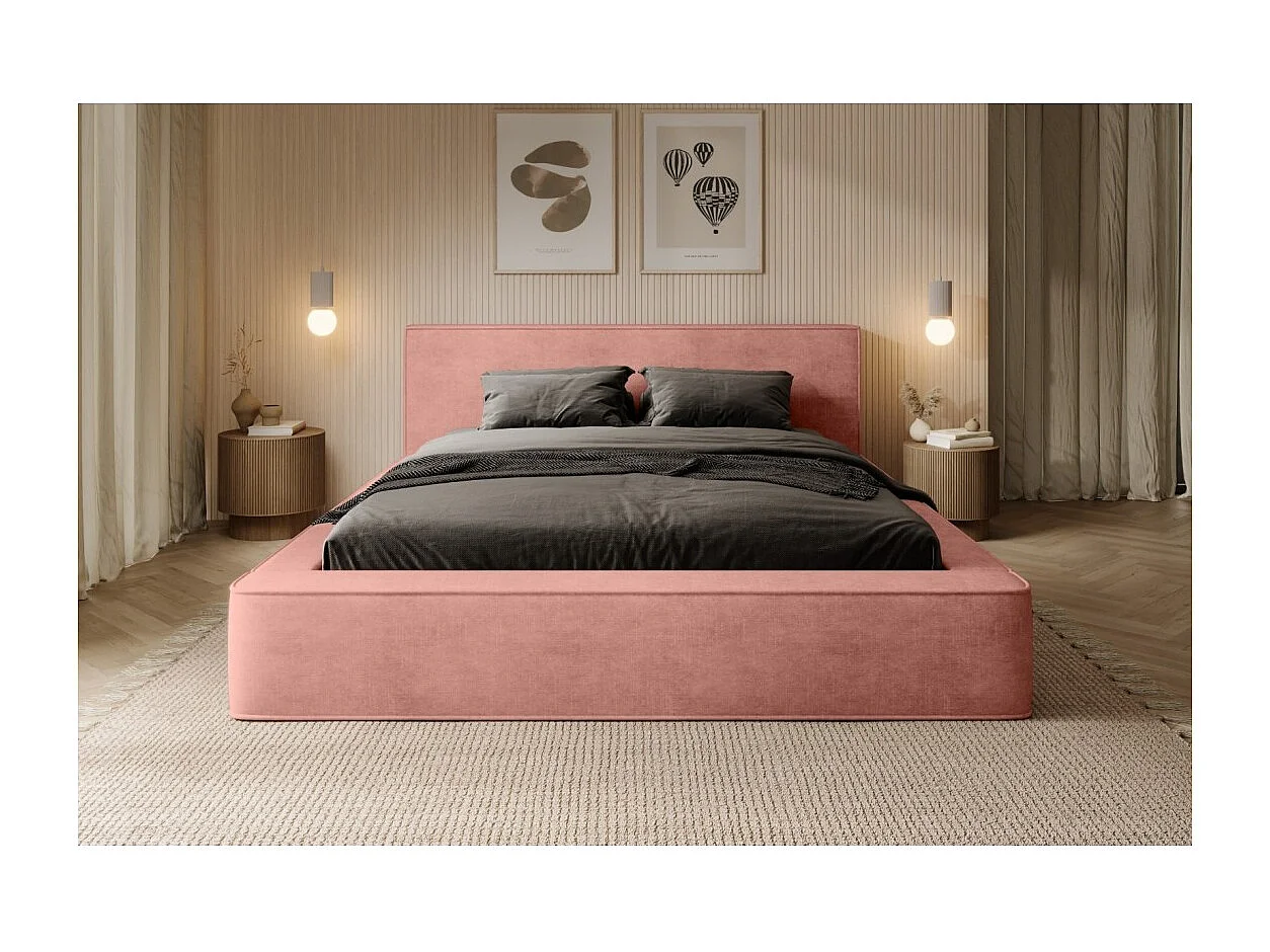Lit coffre DENALI – Coral – 140x200 cm – Tecido de veludo suave – Estrado elevatório – Armazenamento integrado