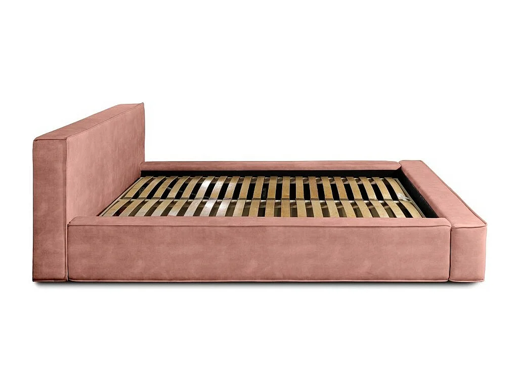 Lit coffre DENALI – Coral – 140x200 cm – Tecido de veludo suave – Estrado elevatório – Armazenamento integrado