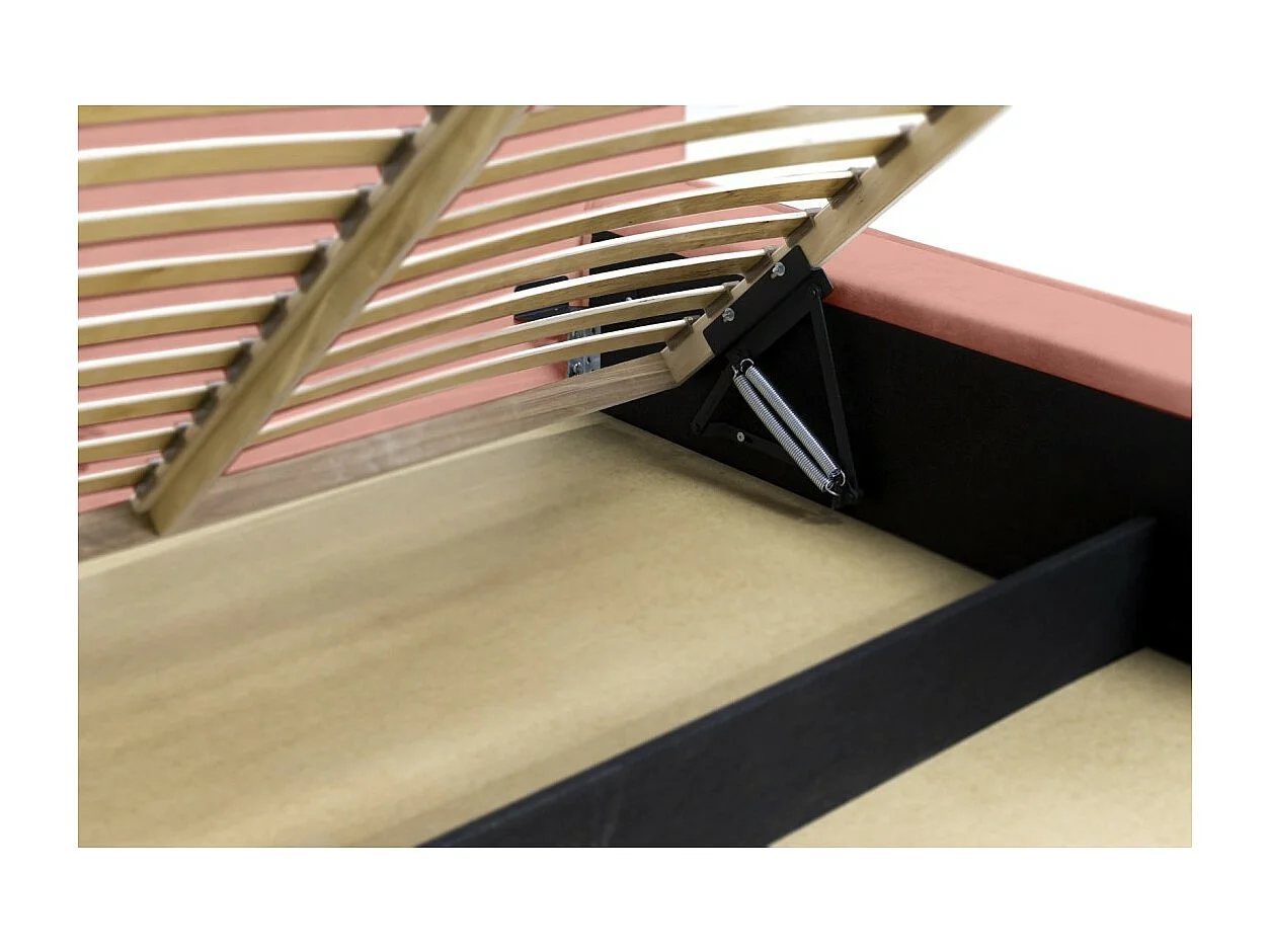 Lit coffre DENALI – Coral – 140x200 cm – Tecido de veludo suave – Estrado elevatório – Armazenamento integrado