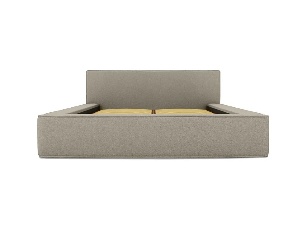 Cama con canapé DENALI – Lino natural rizado – 160x200 cm – Tela efecto lana – Somier elevable – Almacenamiento integrado