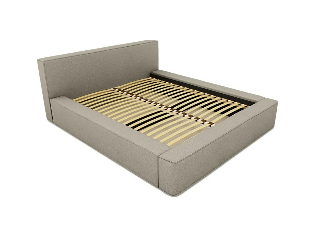 Cama con canapé DENALI – Lino natural rizado – 160x200 cm – Tela efecto lana – Somier elevable – Almacenamiento integrado