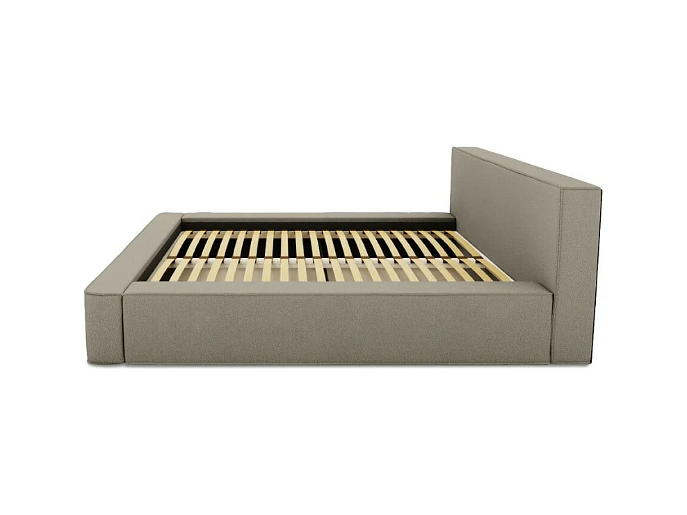 Cama con canapé DENALI – Lino natural rizado – 160x200 cm – Tela efecto lana – Somier elevable – Almacenamiento integrado