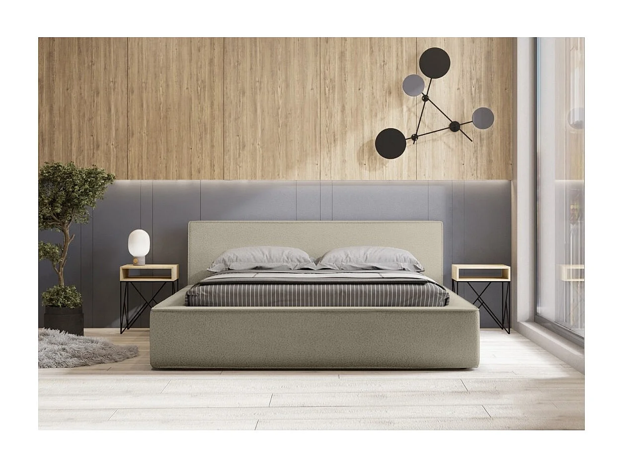 Cama con canapé DENALI – Lino natural rizado – 160x200 cm – Tela efecto lana – Somier elevable – Almacenamiento integrado