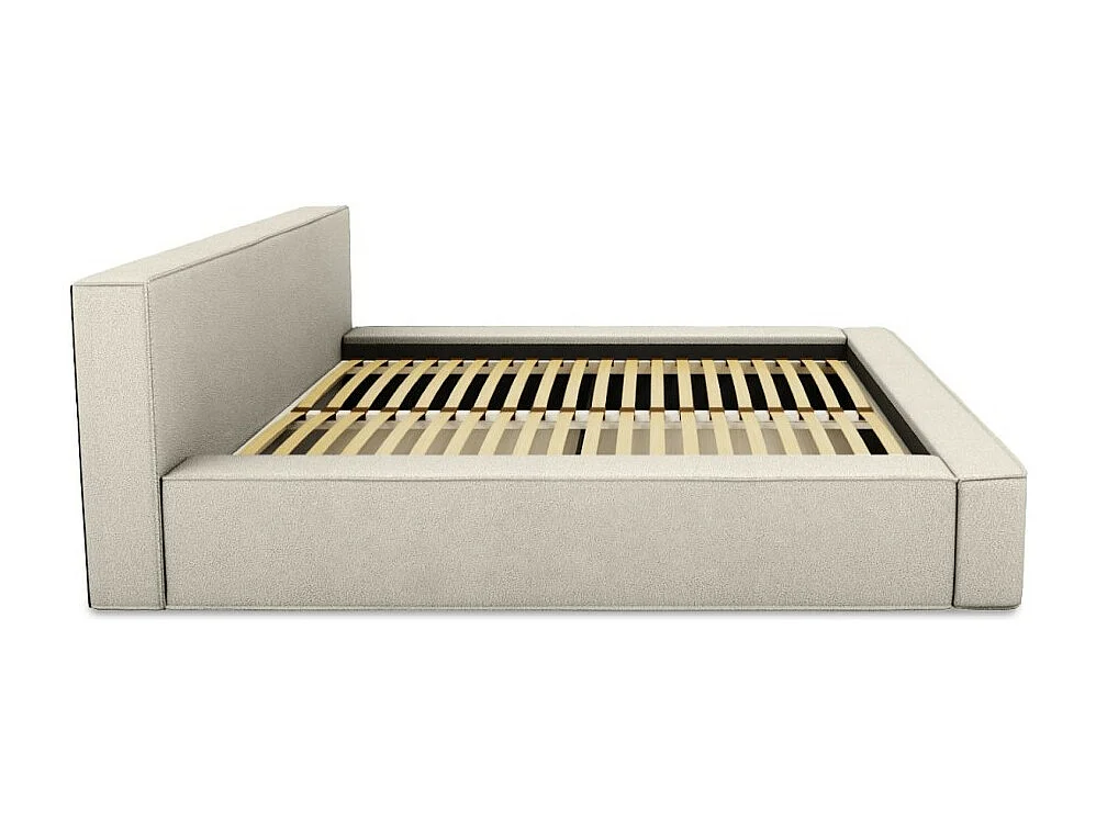 Cama con canapé DENALI – Lino natural rizado – 160x200 cm – Tela efecto lana – Somier elevable – Almacenamiento integrado