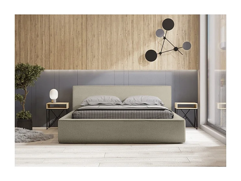 Cama con canapé DENALI – Lino natural rizado – 160x200 cm – Tela efecto lana – Somier elevable – Almacenamiento integrado