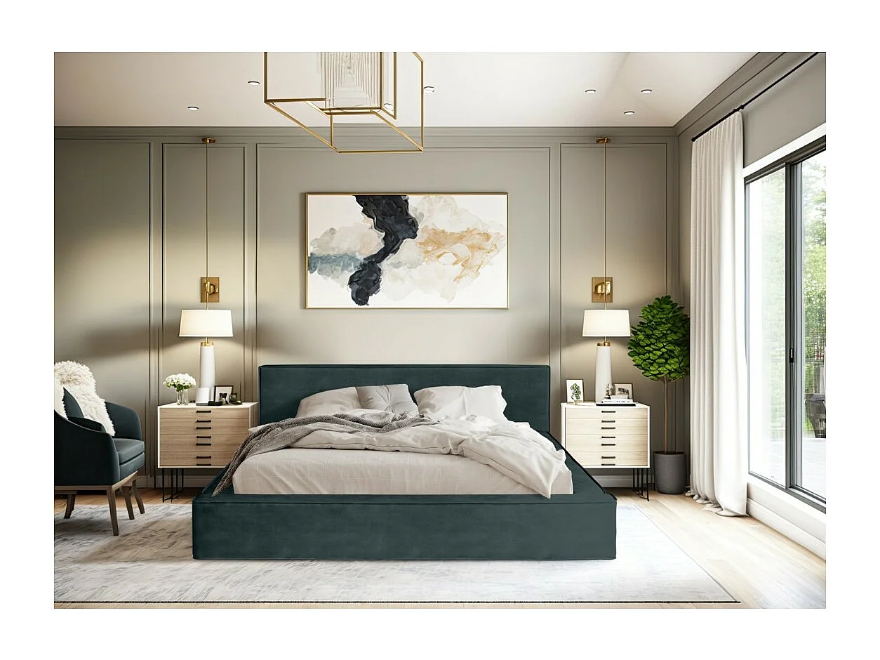 Cama baú DENALI – Verde esmeralda – 160x200 cm – Tecido de veludo macio – Estrado elevatório – Armazenamento integrado