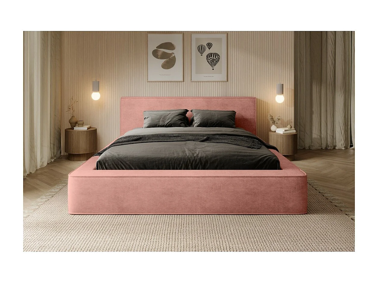 Lit coffre VELORA – Corail – 160x200 cm – Tissu velours doux – Sommier relevable – Rangement intégré
