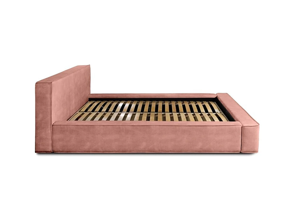 Lit coffre VELORA – Corail – 160x200 cm – Tissu velours doux – Sommier relevable – Rangement intégré