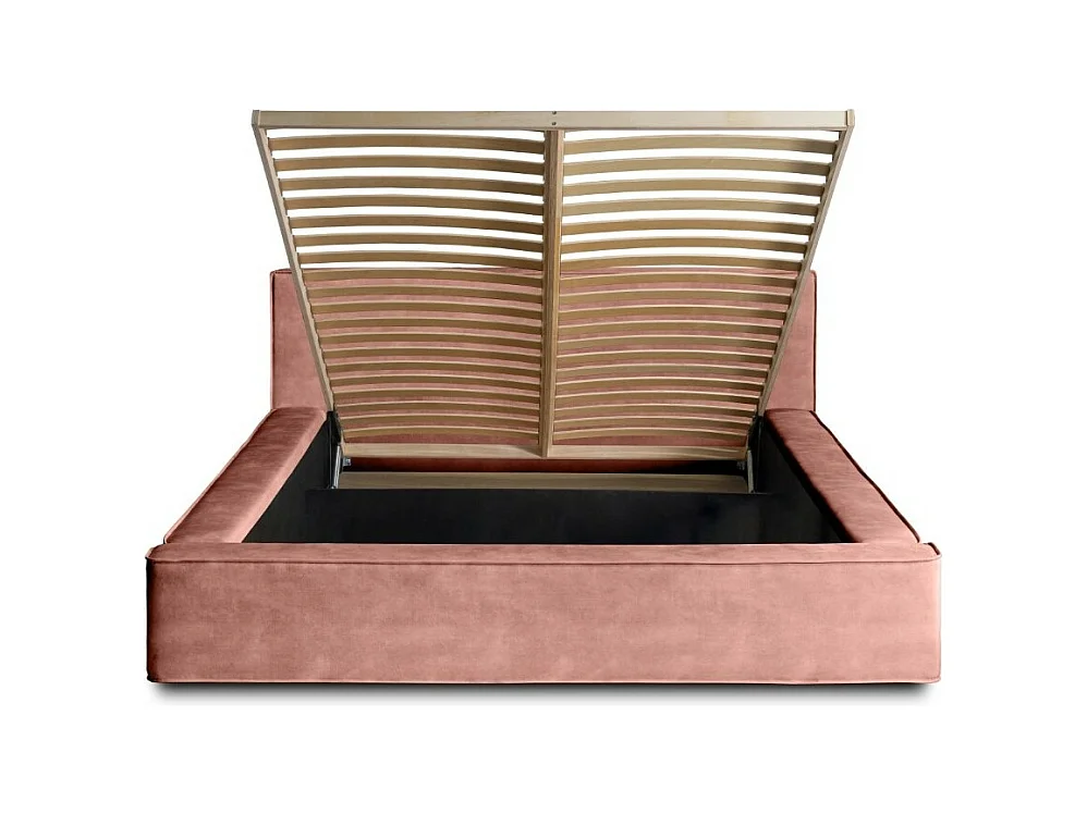Lit coffre VELORA – Corail – 160x200 cm – Tissu velours doux – Sommier relevable – Rangement intégré