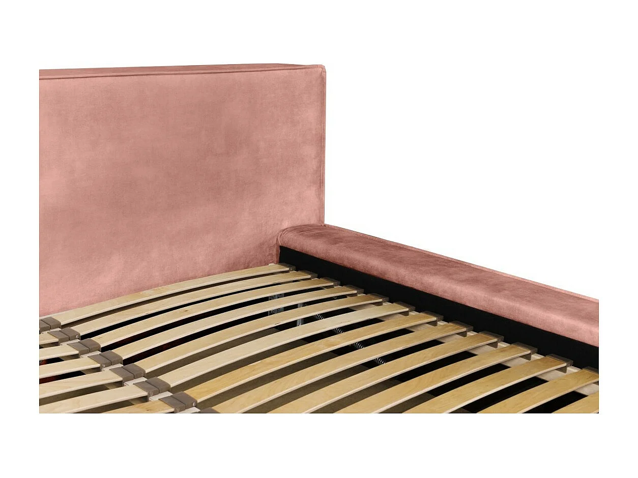 Lit coffre VELORA – Corail – 160x200 cm – Tissu velours doux – Sommier relevable – Rangement intégré