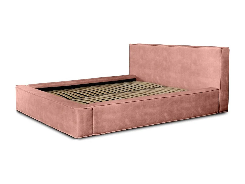 Cama baú DENALI – Coral – 160x200 cm – Tecido veludo suave – Estrado elevatório – Armazenamento integrado