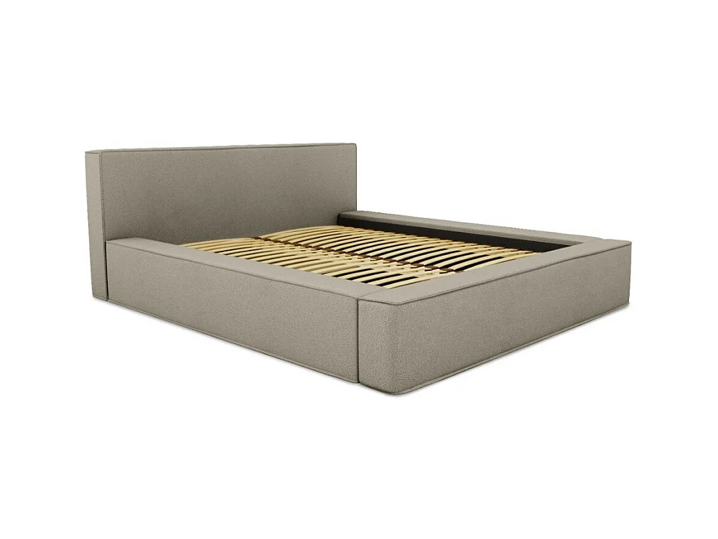 Lit coffre DENALI – Lin natural encaracolado – 180x200 cm – Tecido efeito lã – Estrado elevatório – Armazenamento integrado