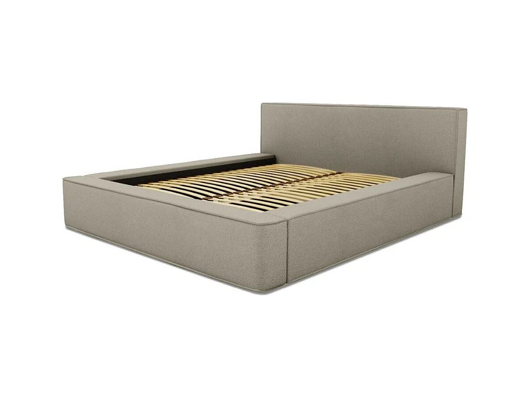 Lit coffre DENALI – Lin natural encaracolado – 180x200 cm – Tecido efeito lã – Estrado elevatório – Armazenamento integrado