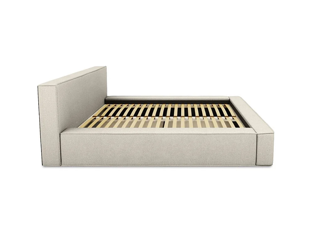 Lit coffre DENALI – Lin natural encaracolado – 180x200 cm – Tecido efeito lã – Estrado elevatório – Armazenamento integrado