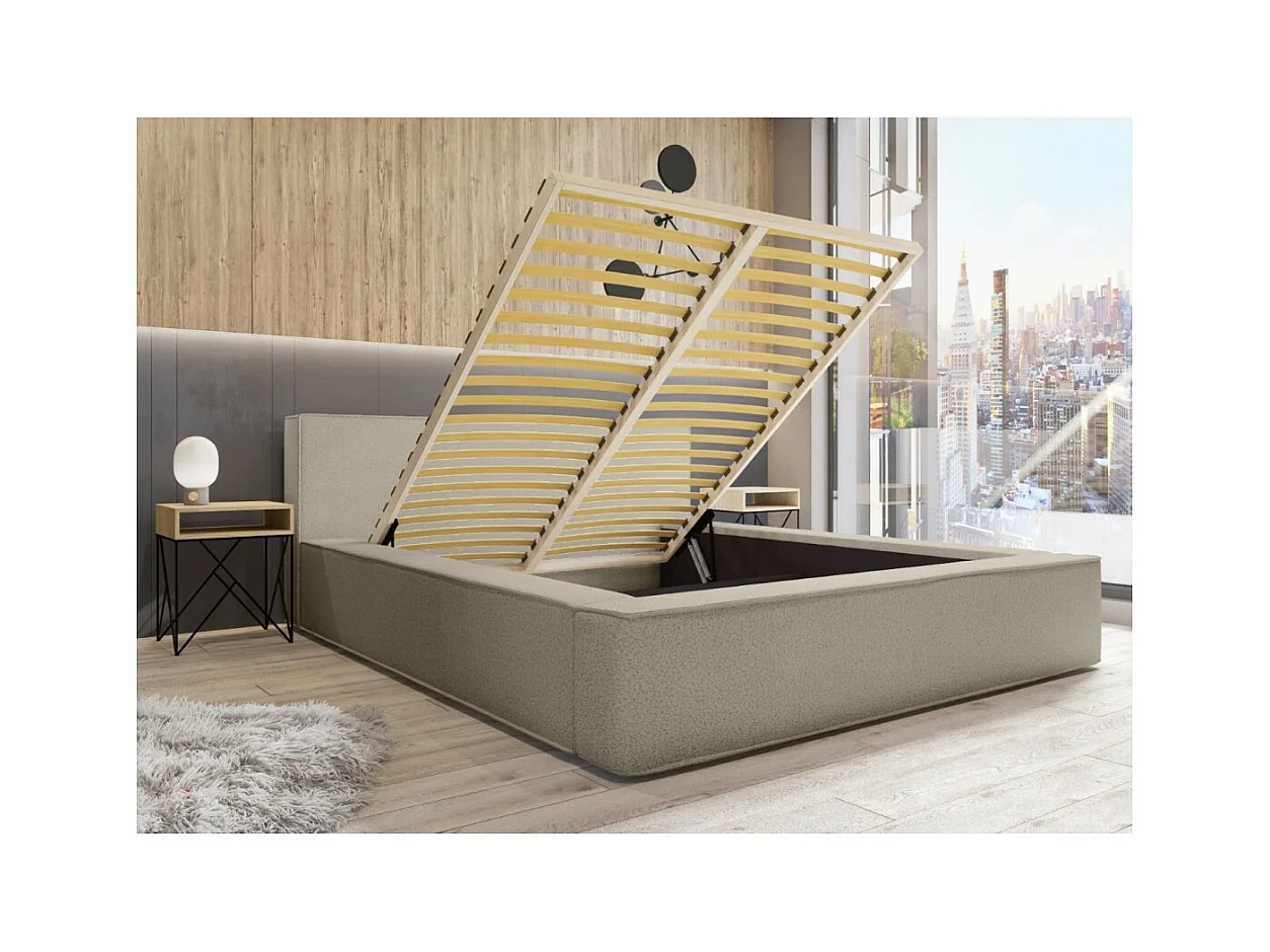 Lit coffre DENALI – Lin natural encaracolado – 180x200 cm – Tecido efeito lã – Estrado elevatório – Armazenamento integrado