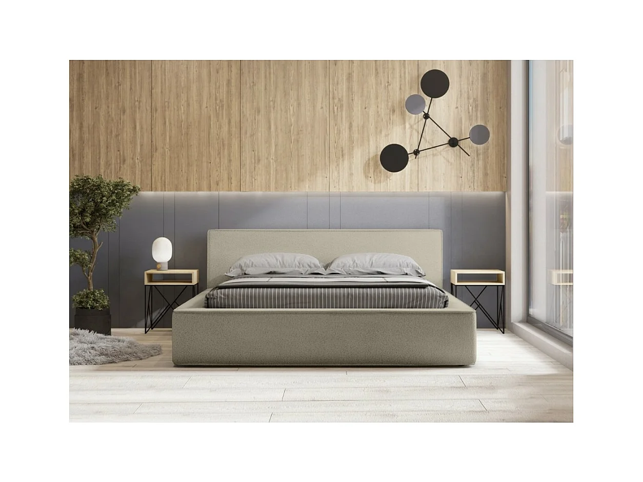 Lit coffre VELORA – Lin naturel bouclé – 180x200 cm – Tissu effet laine – Sommier relevable – Rangement intégré