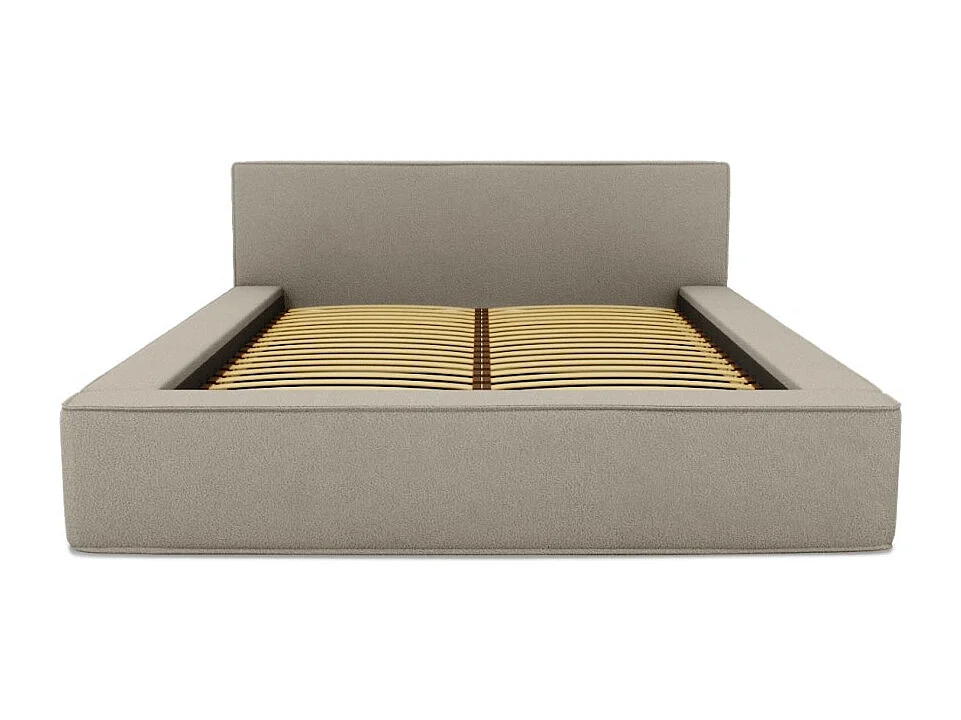 Lit coffre DENALI – Lin natural encaracolado – 180x200 cm – Tecido efeito lã – Estrado elevatório – Armazenamento integrado