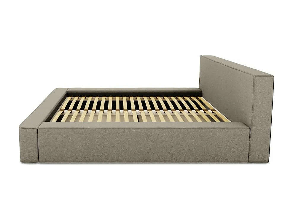 Lit coffre DENALI – Lin natural encaracolado – 180x200 cm – Tecido efeito lã – Estrado elevatório – Armazenamento integrado