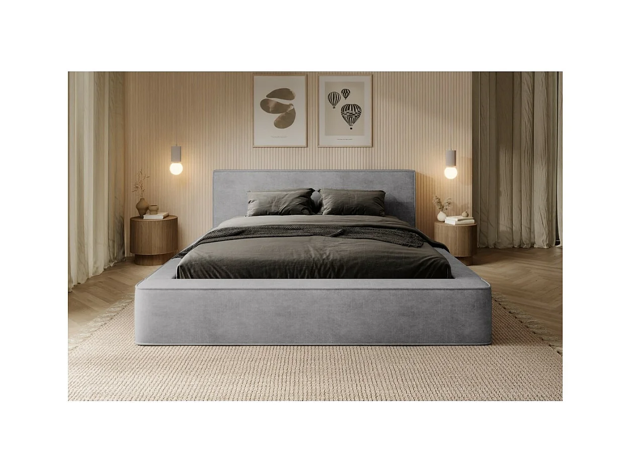 Cama baú DENALI – Cinza claro – 180x200 cm – Tecido de veludo macio – Estrado elevatório – Armazenamento integrado