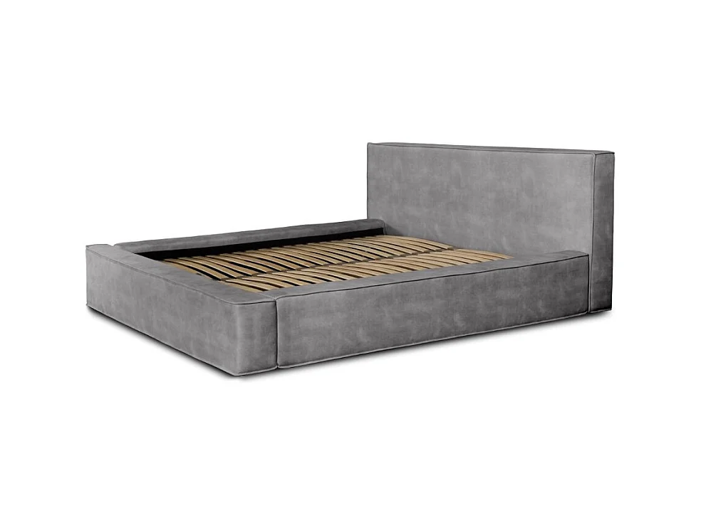 Cama baú DENALI – Cinza claro – 180x200 cm – Tecido de veludo macio – Estrado elevatório – Armazenamento integrado