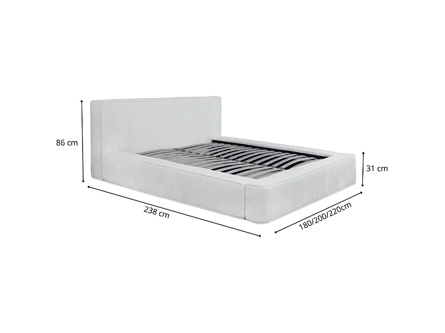 Cama baú DENALI – Cinza claro – 180x200 cm – Tecido de veludo macio – Estrado elevatório – Armazenamento integrado