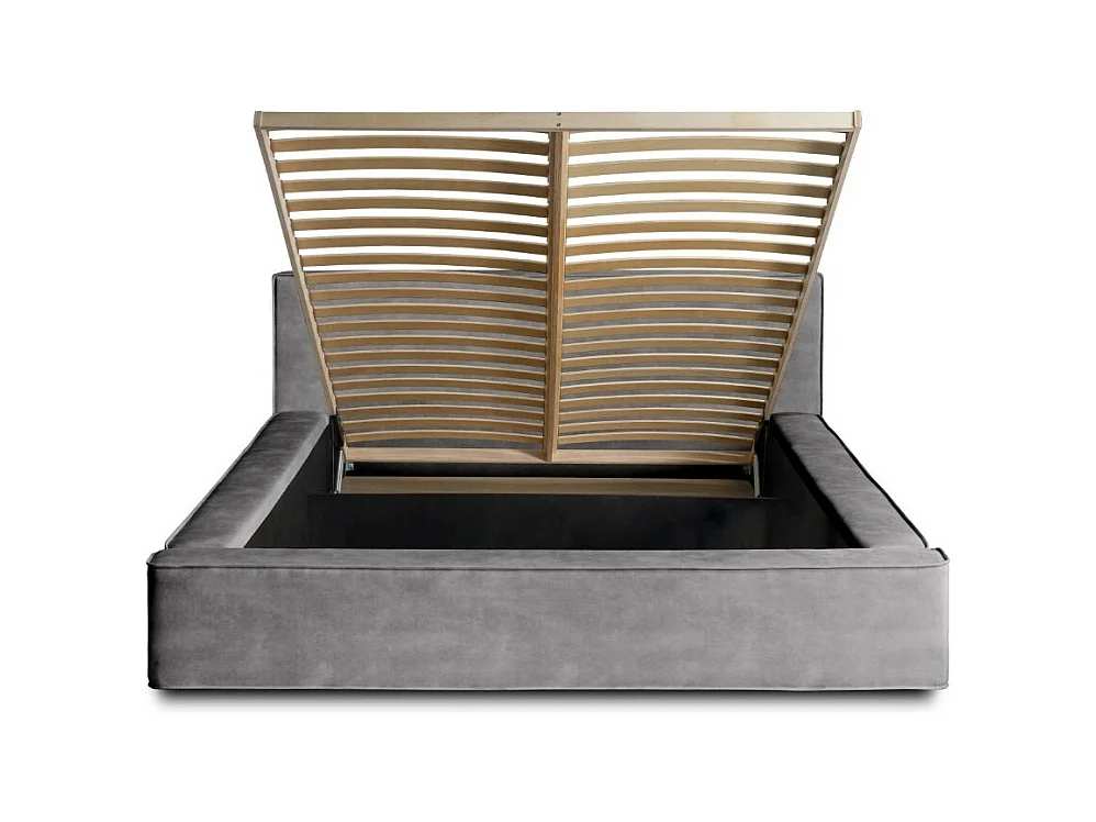Cama baú DENALI – Cinza claro – 180x200 cm – Tecido de veludo macio – Estrado elevatório – Armazenamento integrado