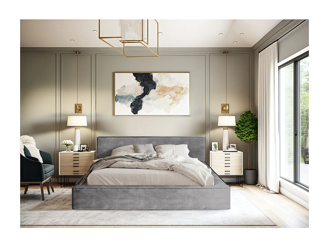 Cama baú DENALI – Cinza claro – 180x200 cm – Tecido de veludo macio – Estrado elevatório – Armazenamento integrado