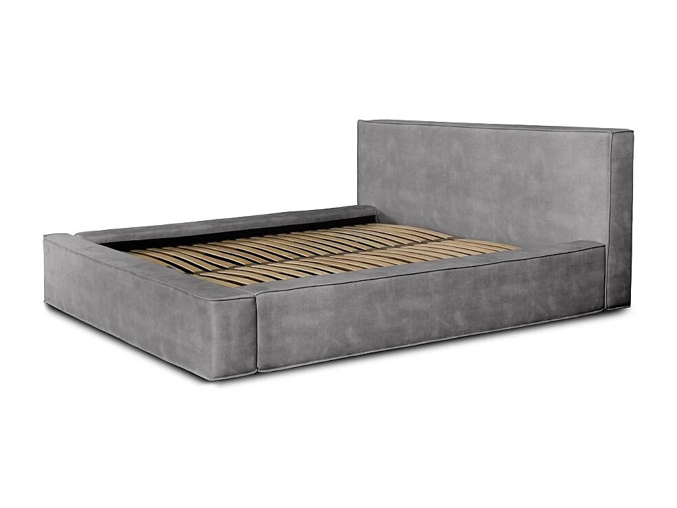 Cama baú DENALI – Cinza claro – 180x200 cm – Tecido de veludo macio – Estrado elevatório – Armazenamento integrado