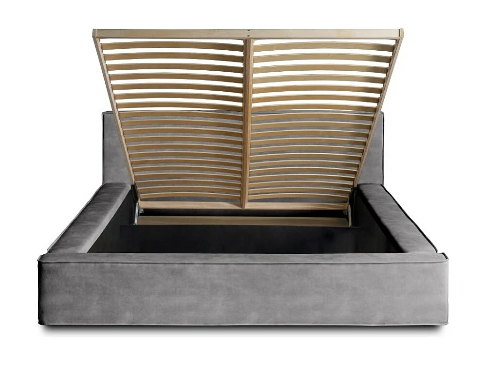Cama baú DENALI – Cinza claro – 180x200 cm – Tecido de veludo macio – Estrado elevatório – Armazenamento integrado