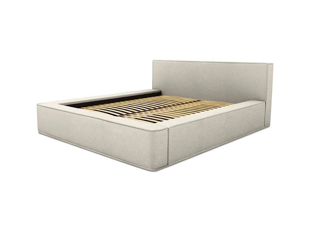 Cama con arcón DENALI – Arena rizado – 160x200 cm – Tela efecto lana – Somier elevable – Almacenamiento integrado