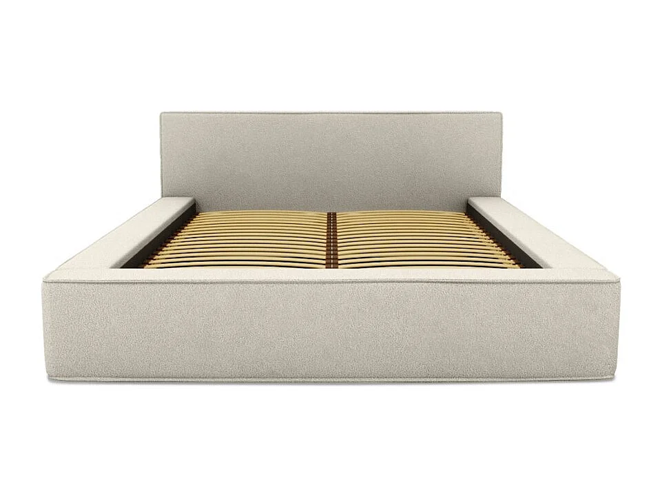 Cama con arcón DENALI – Arena rizado – 160x200 cm – Tela efecto lana – Somier elevable – Almacenamiento integrado