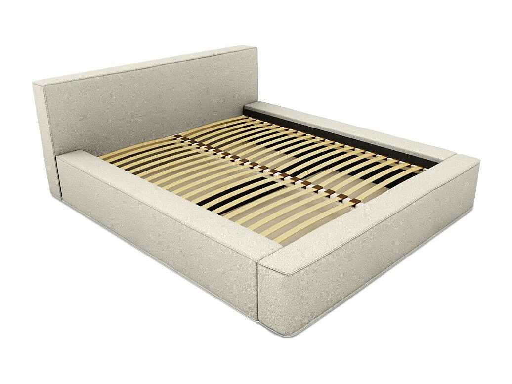 Cama con arcón DENALI – Arena rizado – 160x200 cm – Tela efecto lana – Somier elevable – Almacenamiento integrado