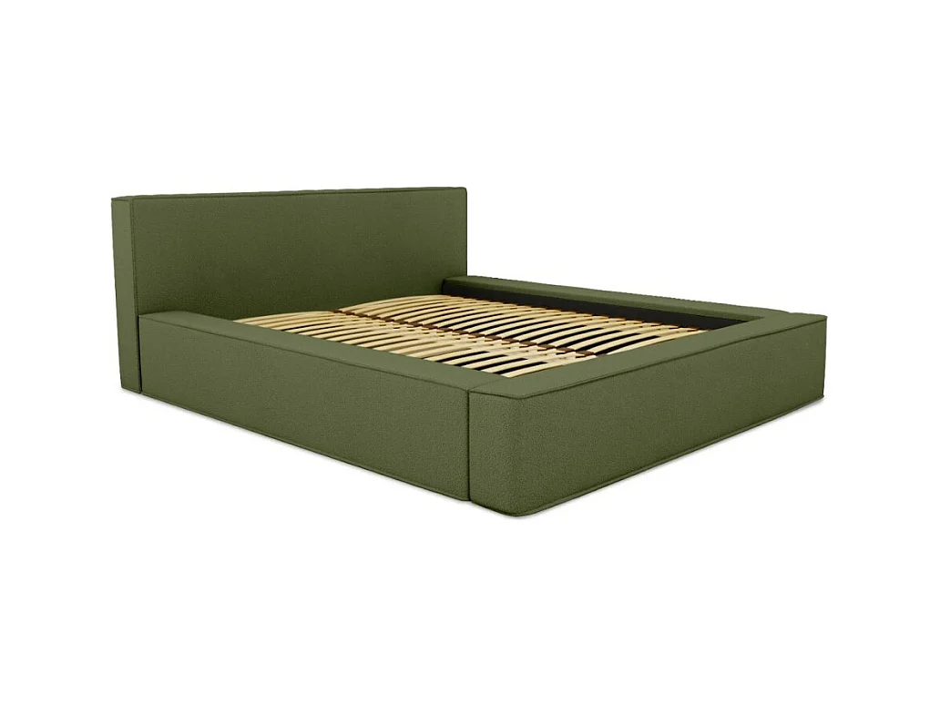 Cama con canapé DENALI – Oliva rizado – 160x200 cm – Tela de terciopelo suave – Somier elevable – Almacenamiento integrado