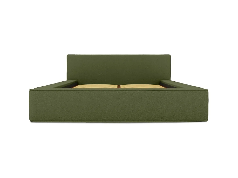 Cama con canapé DENALI – Oliva rizado – 160x200 cm – Tela de terciopelo suave – Somier elevable – Almacenamiento integrado