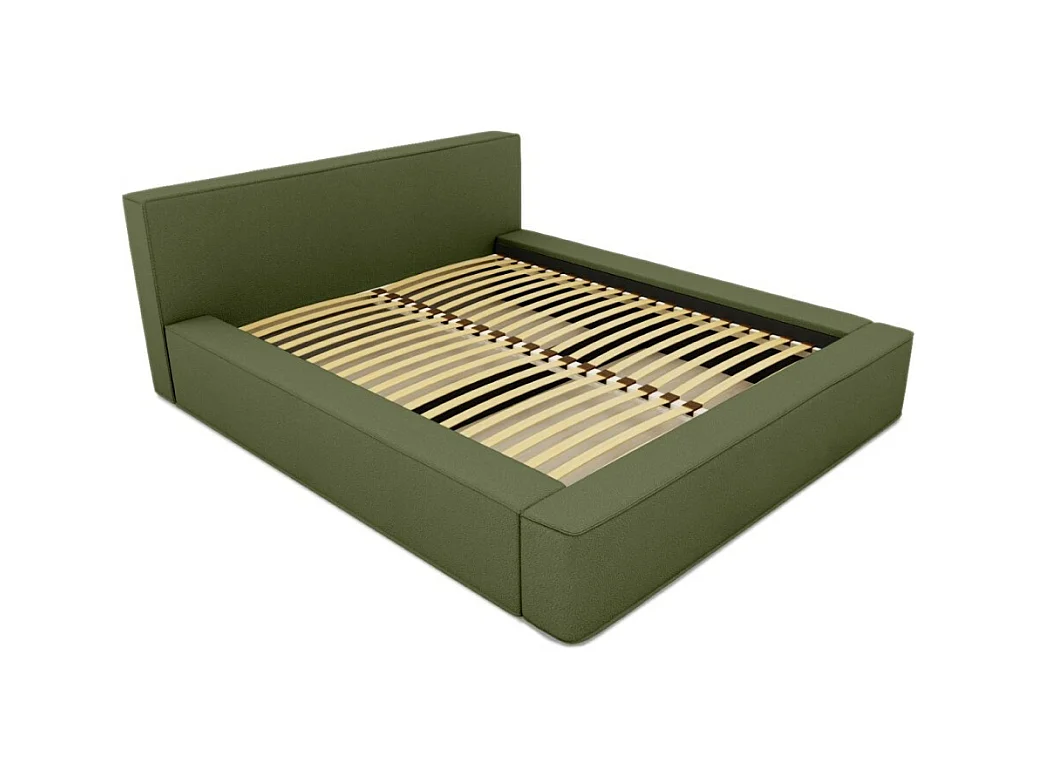 Cama con canapé DENALI – Oliva rizado – 160x200 cm – Tela de terciopelo suave – Somier elevable – Almacenamiento integrado